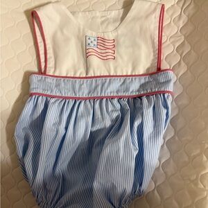 Patriotic Blue & White Baby Bubble Romper with Red Trim